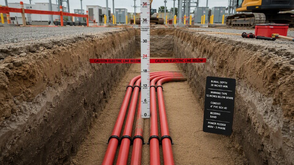 Underground electrical conduit trench with warning tape and measured burial depth