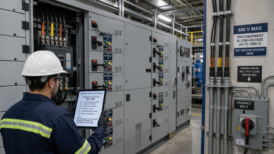Industrial electrician inspecting 600 V low-voltage switchgear and power cables