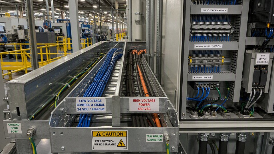 Low-voltage control cables separated from high-voltage power wiring in an industrial electrical tray