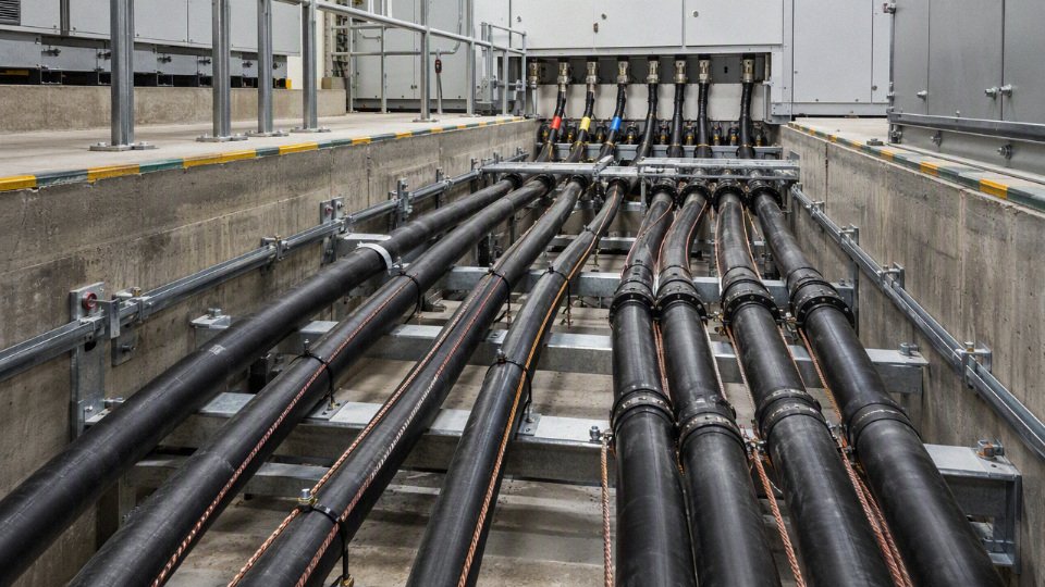 Medium voltage power cables installed in an industrial substation cable trench