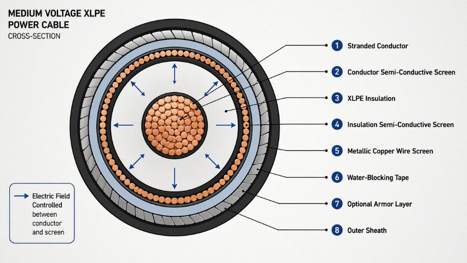 Cross-section diagram showing the main layers of a medium voltage cable