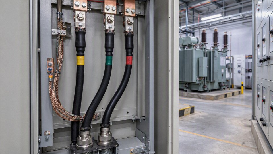 Medium voltage power cables connected inside industrial switchgear