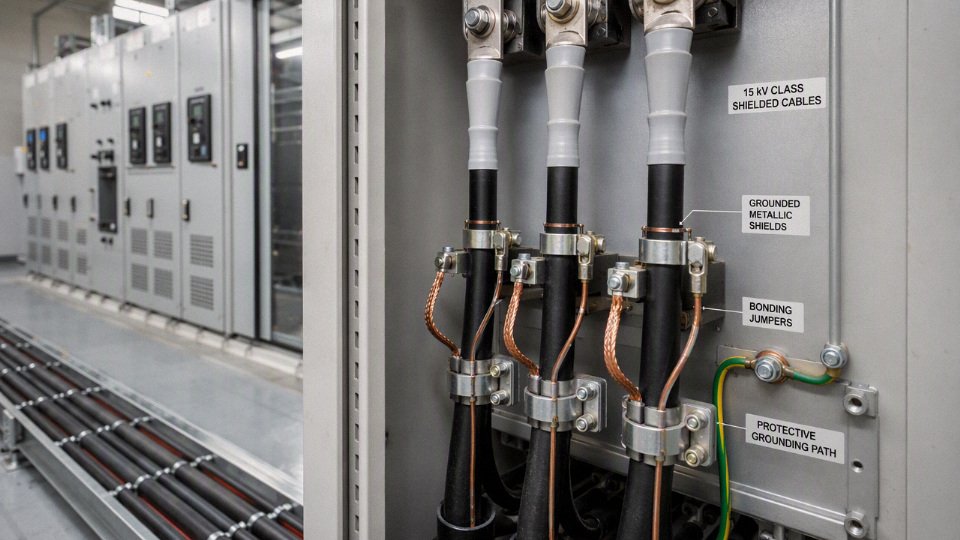 Medium voltage cable grounding components in an industrial power installation