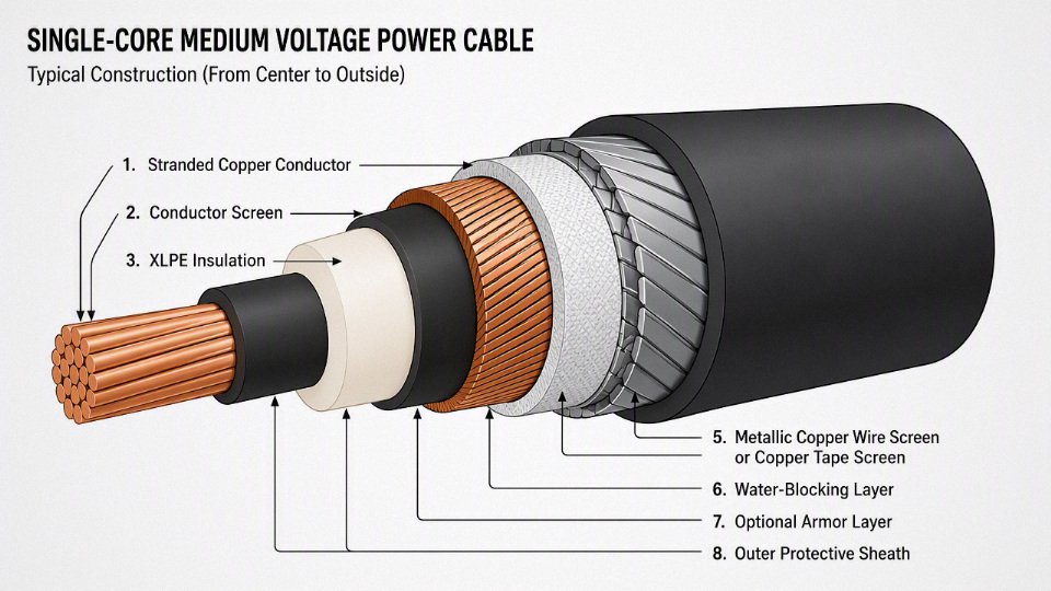 Cutaway diagram showing the layers of a medium voltage power cable
