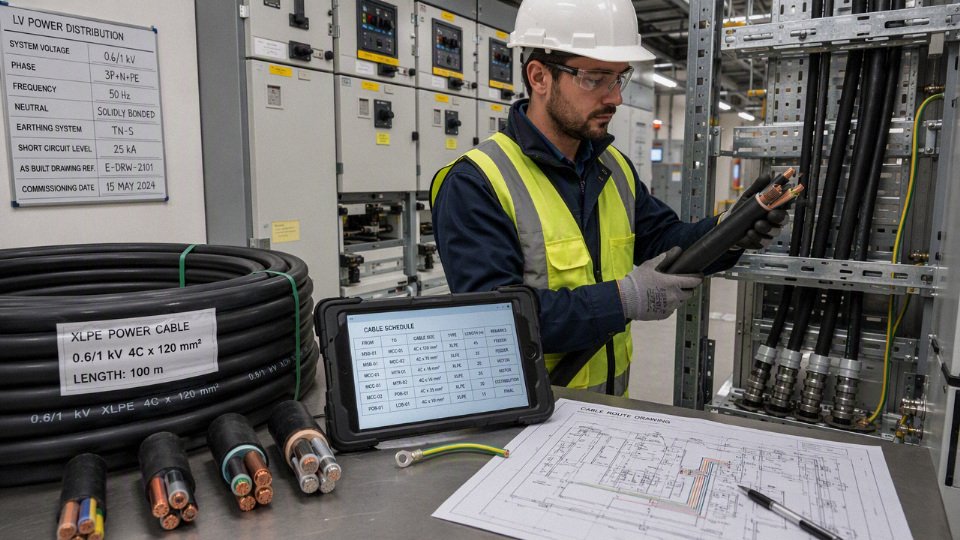 Engineer reviewing power cable selection in an industrial electrical room