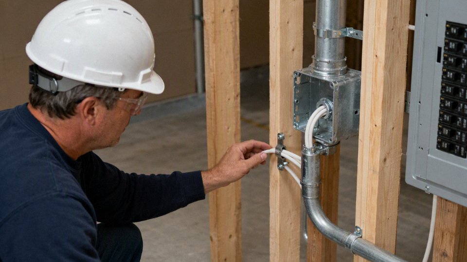 Electrician inspecting NM-B cable protected by conduit in a utility space
