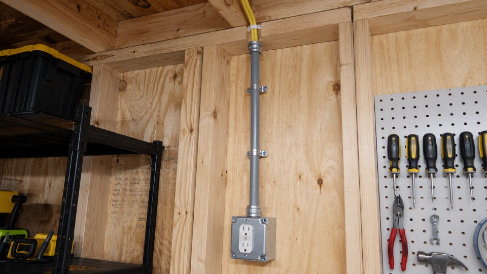 Short conduit sleeve protecting NM-B cable on a dry garage wall