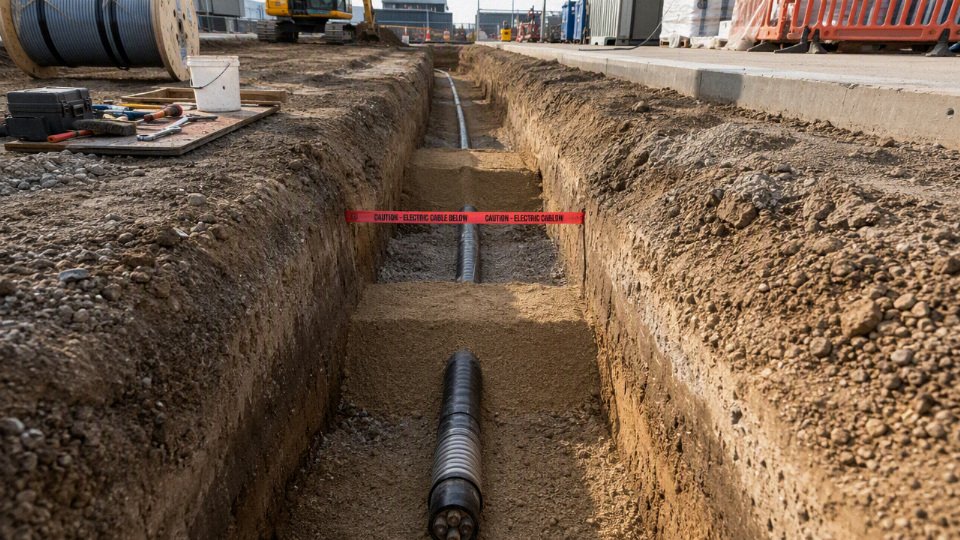 Buried SWA cable installation in a prepared trench with warning tape and bedding