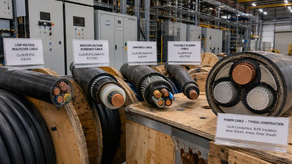 Assorted industrial power cables on drums in a cable storage area
