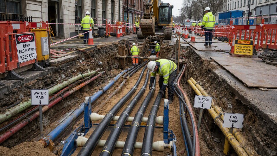 Underground power cable installation in a congested urban trench