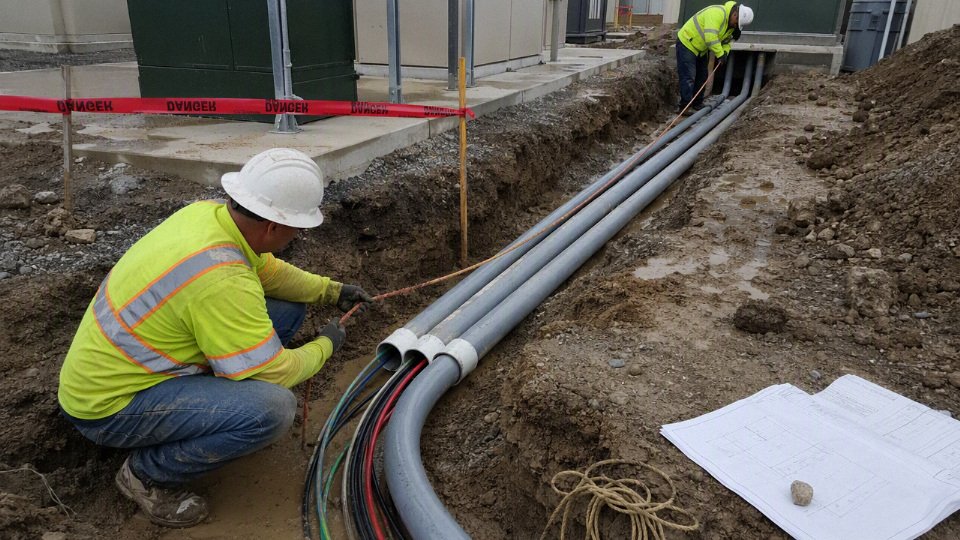 Wet-rated electrical conductors being pulled through underground PVC conduit in a trench.