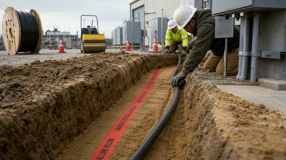 Underground electrical cable being installed in a trench with conduit protection and warning tape.