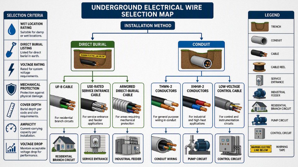 Selection diagram comparing underground cable types by burial method and application.