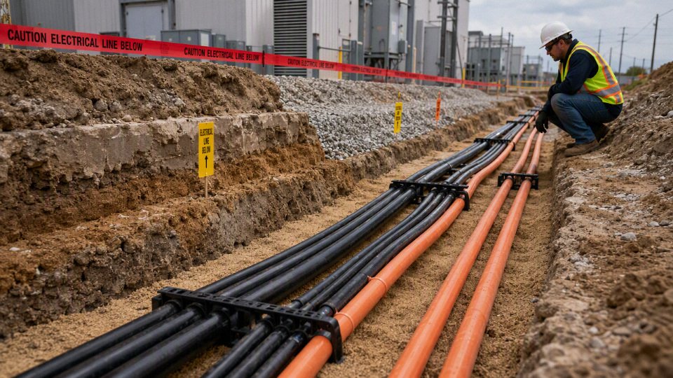 Industrial underground cable trench with protected power feeders and warning tape