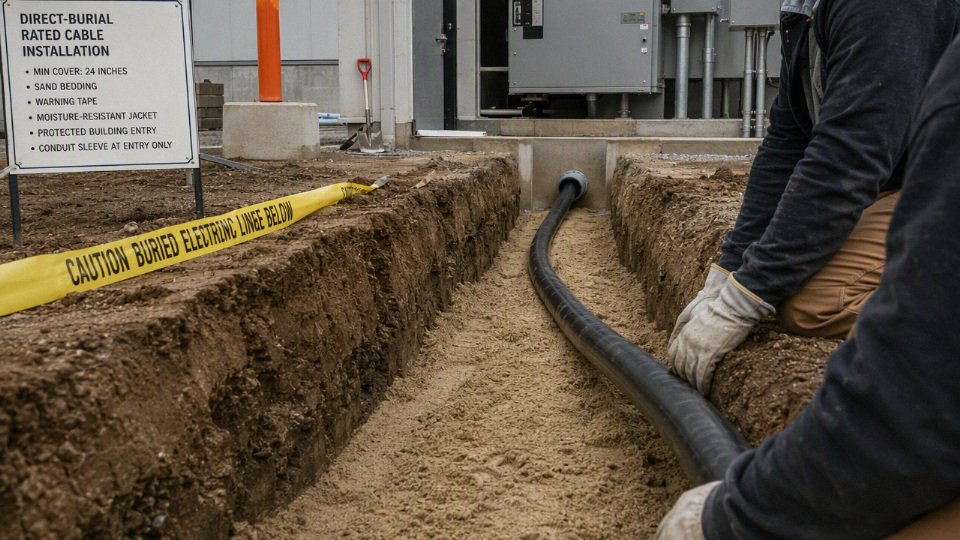 Direct-burial underground electrical cable laid in a trench at an industrial site