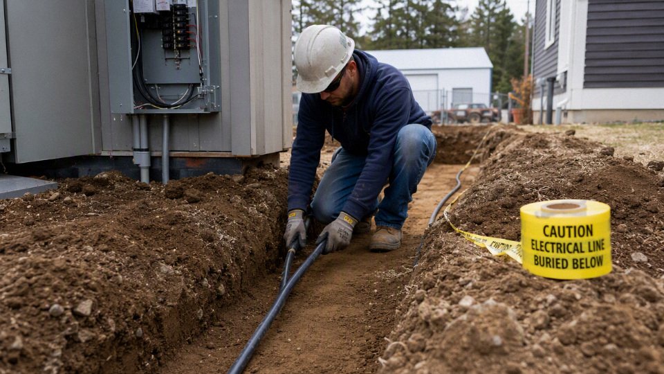 Direct-burial electrical cable being laid in an underground trench without conduit