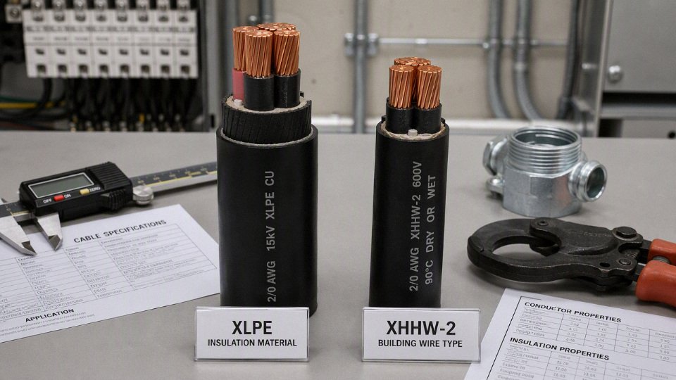 Comparison of XLPE insulated cable and XHHW building wire on an industrial workbench