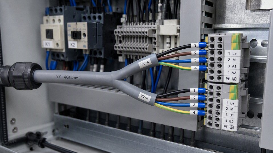 Flexible YY control cable connected inside an industrial control panel